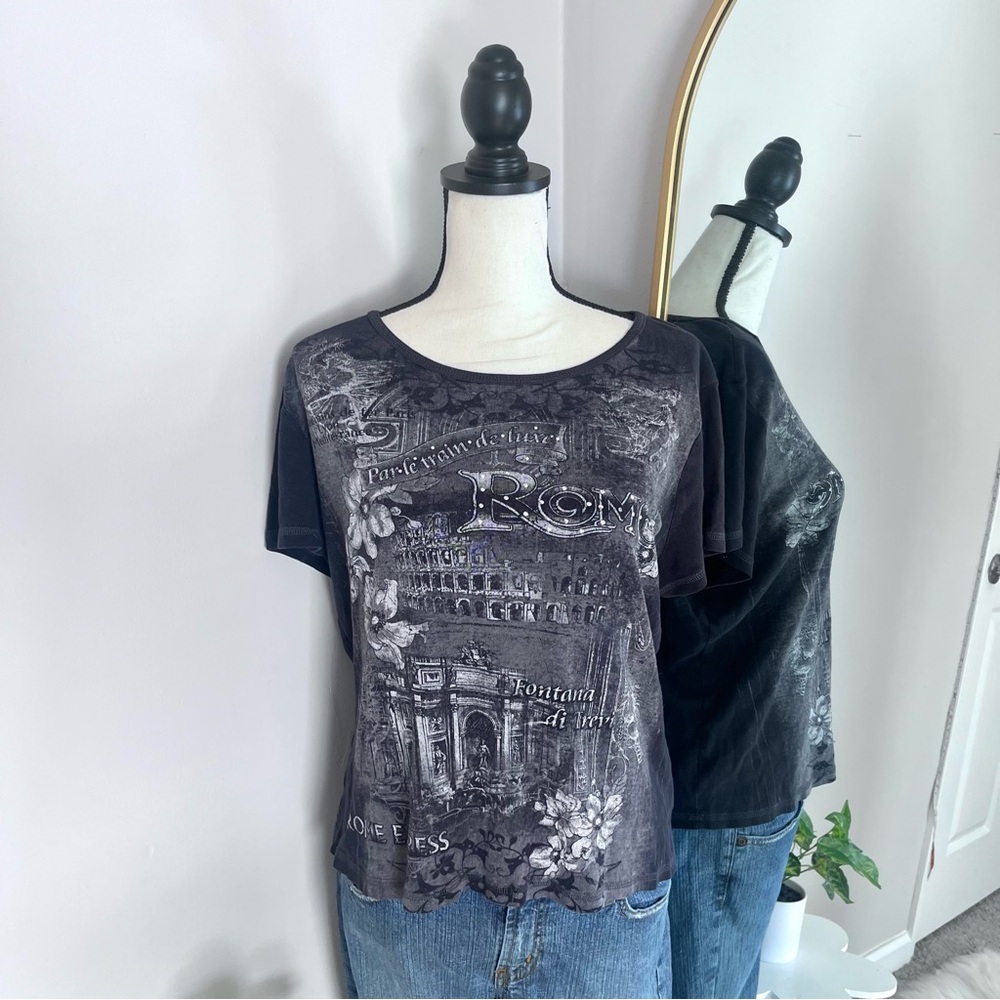 Blue Canyon black rhinestone grunge graphic short sleeve top